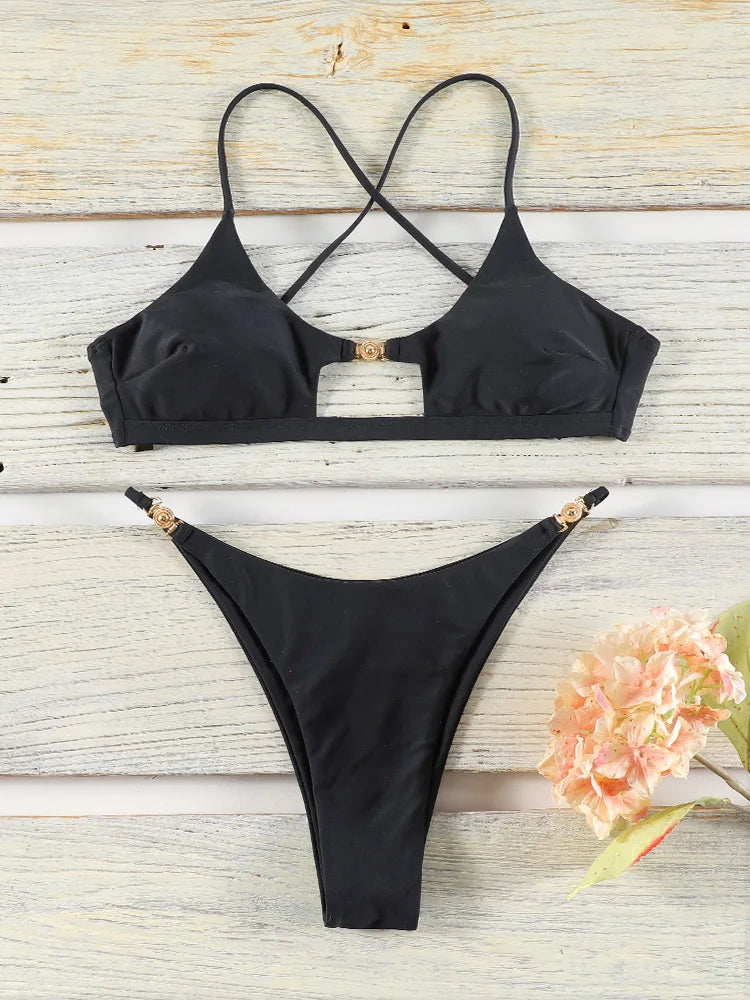 Miyouj High Cut Swimwear New Bikini Solid Color Bkinis Women Swimsuits Black Beachwear Low Waist Biquini Push Up Two Piece Suit