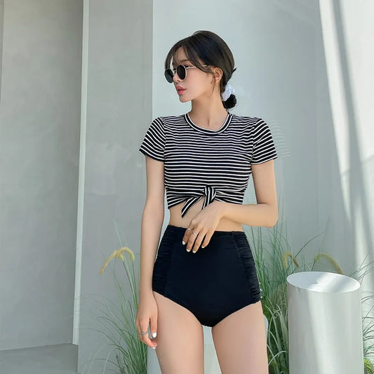 High Waist Stripe Sports Swimsuit Women's Bikini Top with Strap Conservative Belly Covering Slimming ort Sve Swimwear