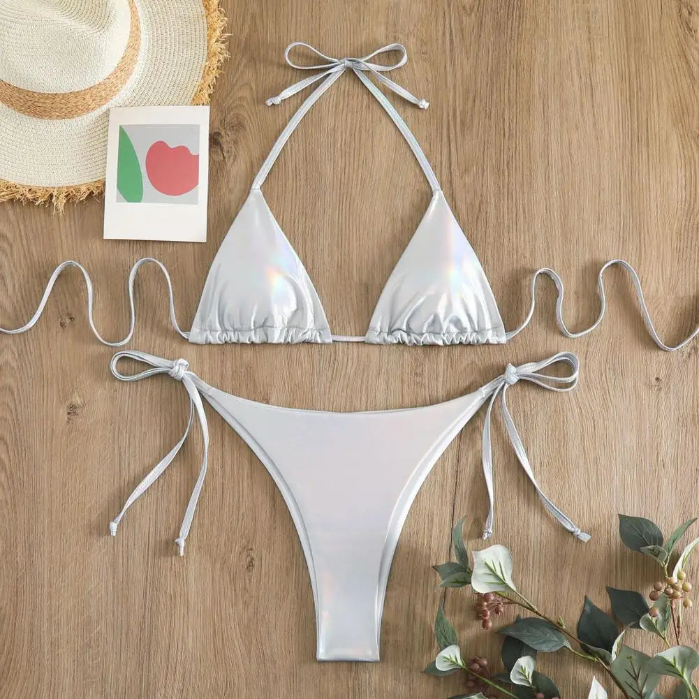 Solid Color Halter Neck Strap Thong Women Swimsuit Two Pieces Bikini Set Bronzing Surface Lace-up Briefs Beach Swimwear Swimsuit