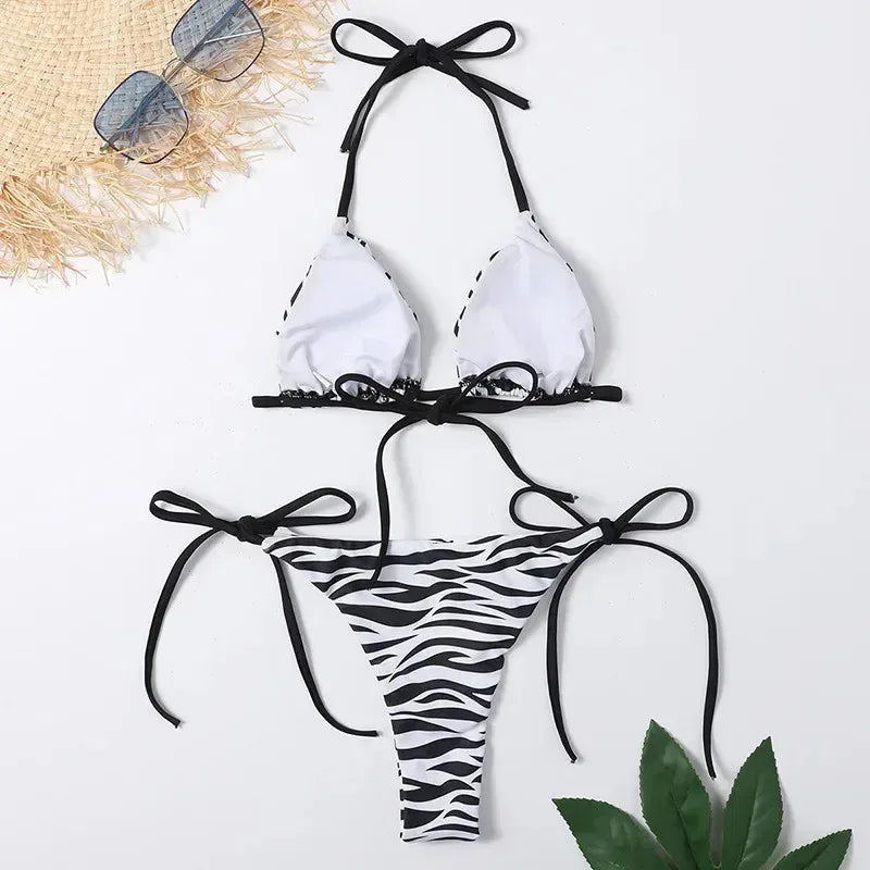 Blue Striped Print Swimwear Triangle Micro Bikini Set Mini Thong Sexy Swimsuit Women Halter String Bathing Suit Bikinis De Mujer