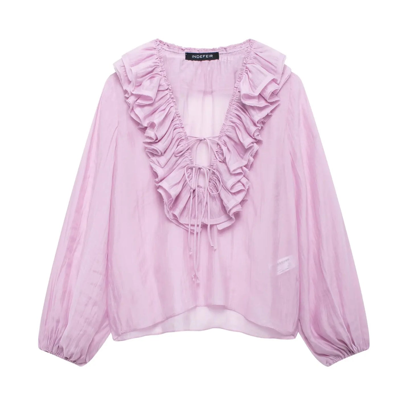 TRAFZA Elegant Women's Tierred Ruffles Blouses V-Neck Long Sleeve Loose Shirt Lady 2025 Spring Chic Lace-up Wild Woman Solid Top