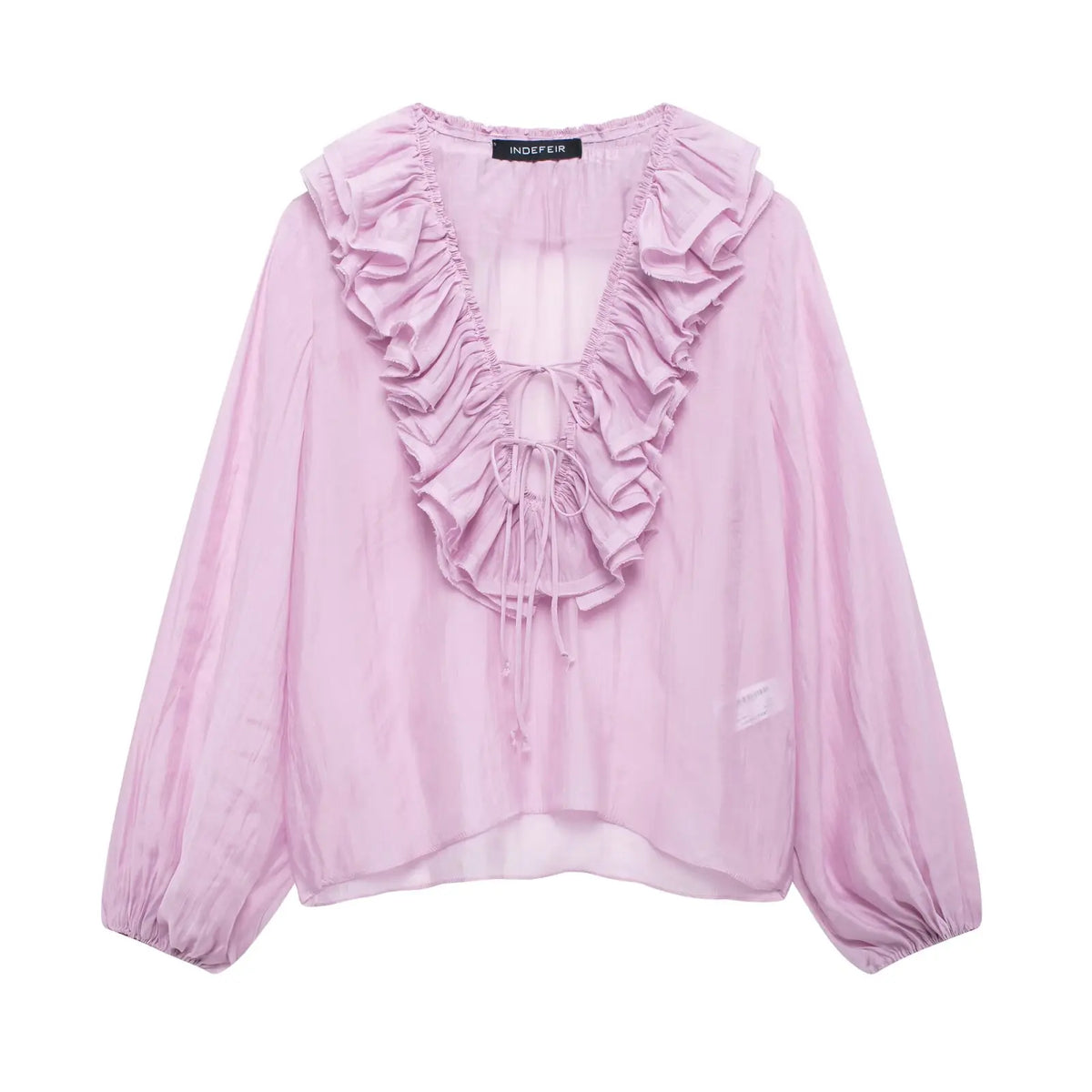 TRAFZA Elegant Women's Tierred Ruffles Blouses V-Neck Long Sleeve Loose Shirt Lady Spring Chic Lace-up Wild Woman Solid Top