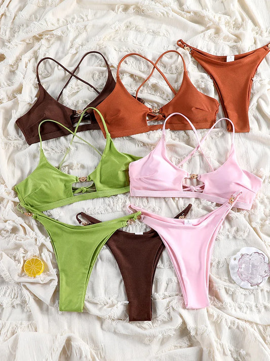Sexy Bikini Set Solid Bikinis 2025 Swimsuit For Women Low Waist Bathing Suits Cut Out Bathsuit Summer Beachwear