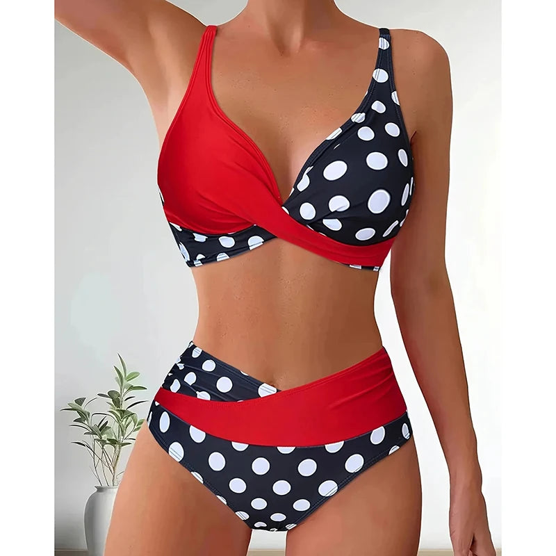Patchwork Polka Dot Printed Bathing Suit Women Irregular High Waist Bikini Set Summer 2025 New Fashion Beach Swimwear Two Piece