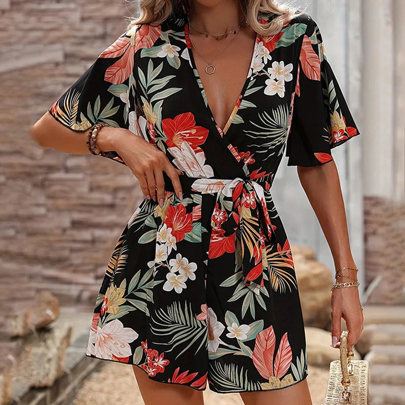 Bohemian Floral Print Short Jumpsuits For Women Summer Short Sleeve Wide Legs One Pieces  Elegant 2024 Beach Wear Casual Outfit