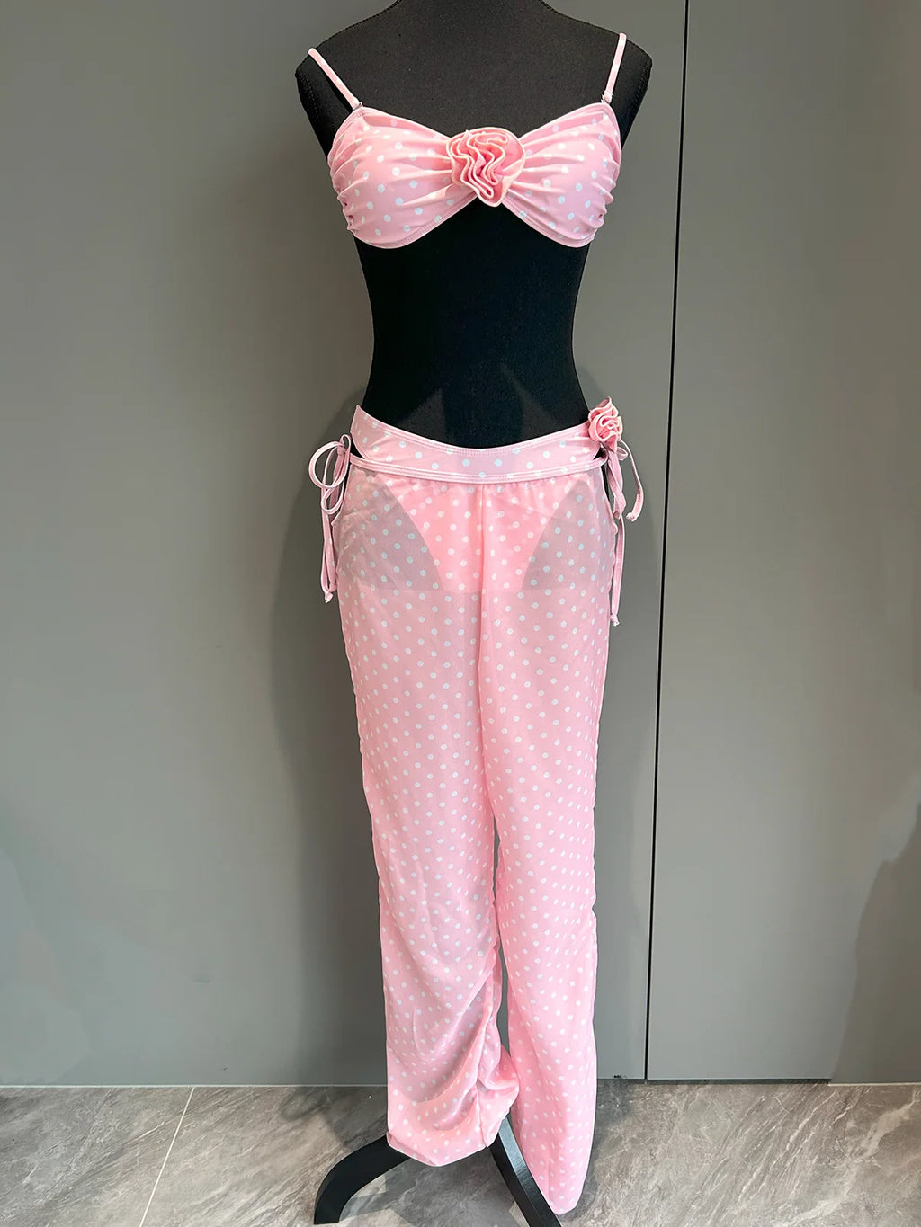 3 Pieces Bikini Set Swimsuit Vintage Pink Swimwear Women Swimsuit Bathing Suit Beachwear Polka Dots Female Swimming Suits