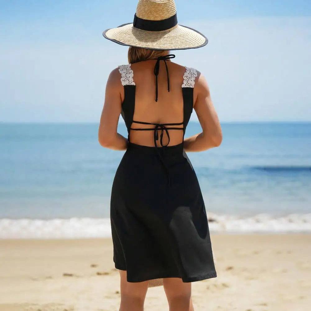 3Pcs/Set Summer Women Swimsuit 2025 Halter Lace-up Bra Swimming Briefs Set With Cover Up Dress Women's Bikini For Vacation