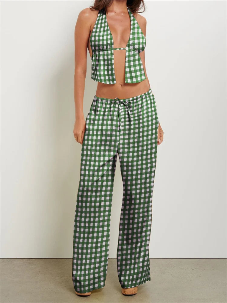 CHRONSTYLE Women Summer Pants Outfits Striped/Solid Halter Tie-Up Backless Tank Tops Wide-Leg Pants 2 Pieces Set Streetwear 2024