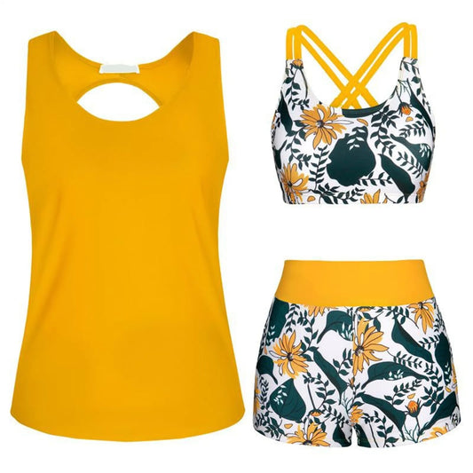 Women's Beach Swimsuit Three Piece Set Floral Printed Separate Three Piece Swimsuits With Bra Pads No Steel Bra Sexy Bikini Se
