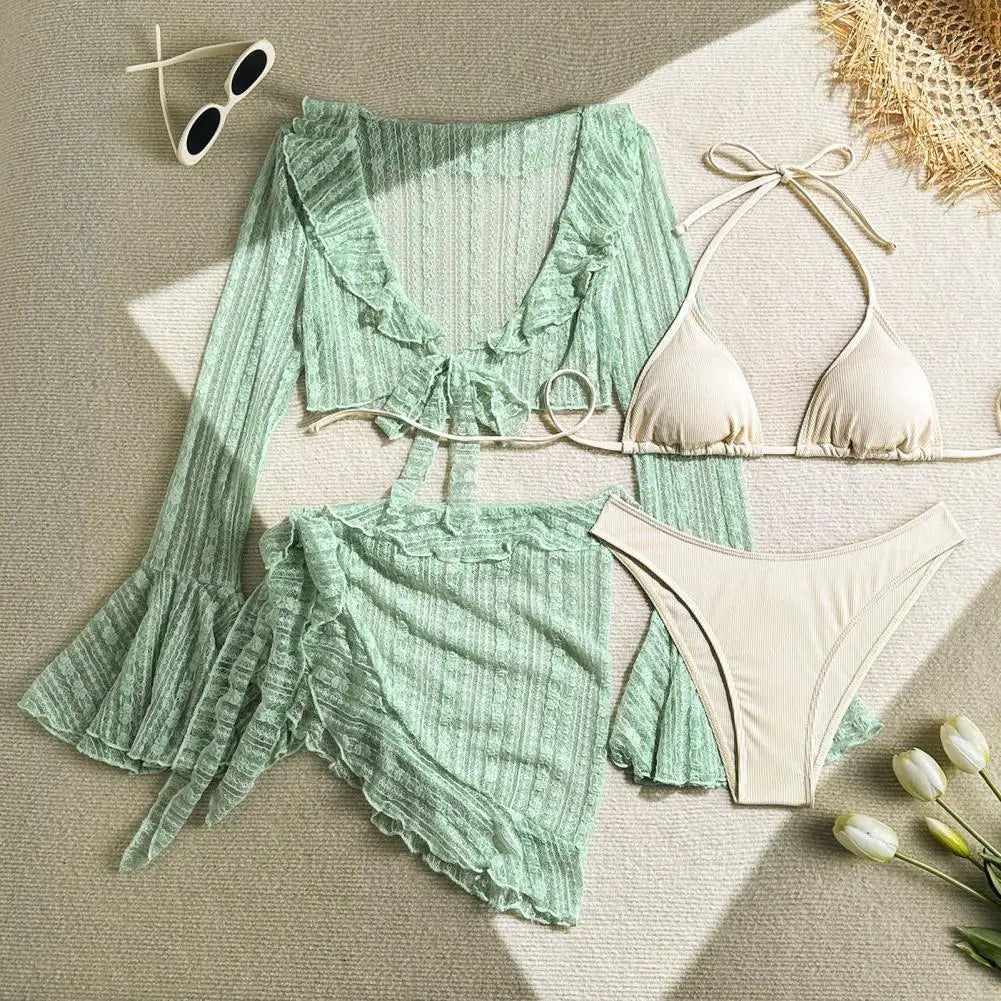Long Sleeve Bikini Female Swimsuit Women Swimwear Four/Two-pieces Bikini set Sarong Halter Bather Bathing Suit Swim