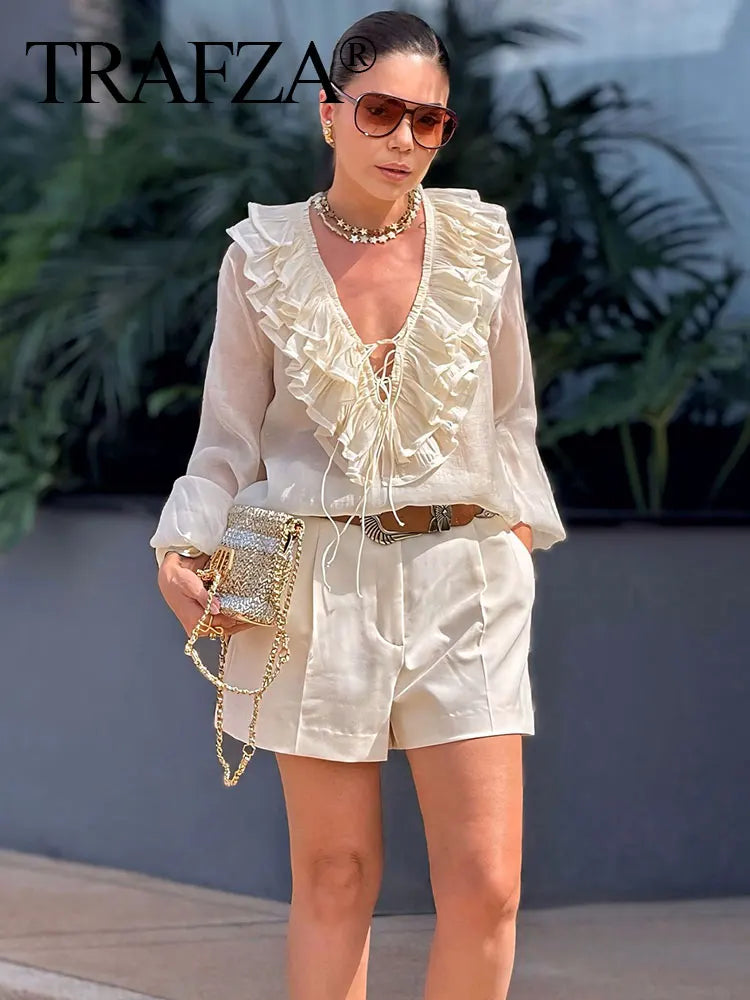 TRAFZA Elegant Women's Tierred Ruffles Blouses V-Neck Long Sleeve Loose Shirt Lady Spring Chic Lace-up Wild Woman Solid Top