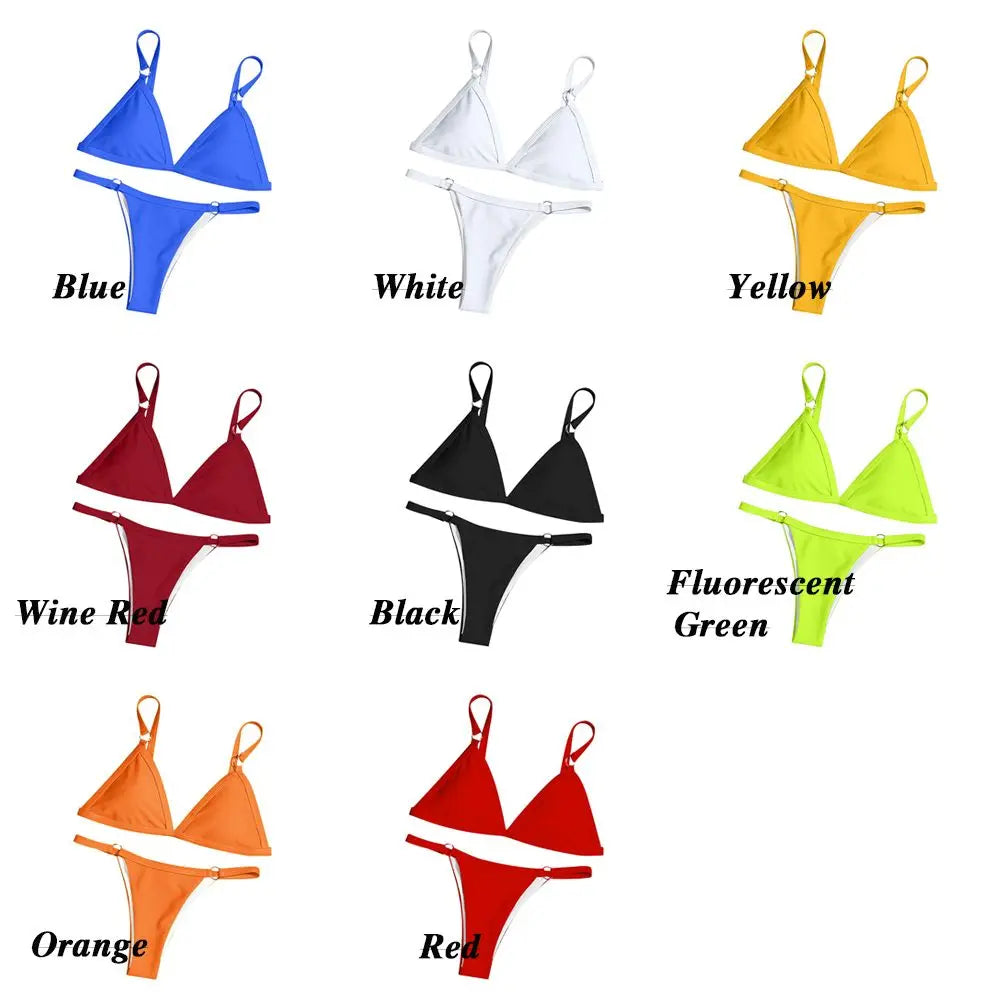 Vacation Woman Girl Sexy Solid Color Sling Backless Bikini Set Split Swimwear Swimsuit Two Piece