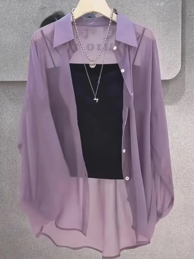 Plus Size Women’s Shirts Summer Breathable and Sun-Proof Ice Silk with Button Thin Loose Sheer Chiffon Blouses Long Sleeve