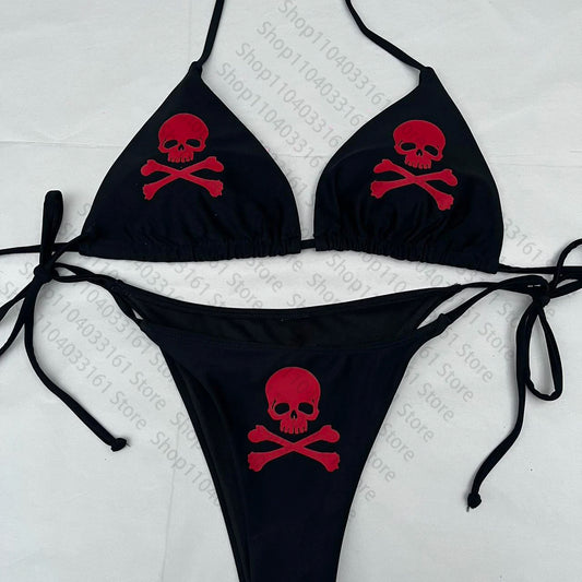 Gothic Women's Swimsuit skeleton Bikini Set Sexy Simple Halter Bikini Swimsuit High Waisted Lace Up Beach Bathing Suit 90s Emo