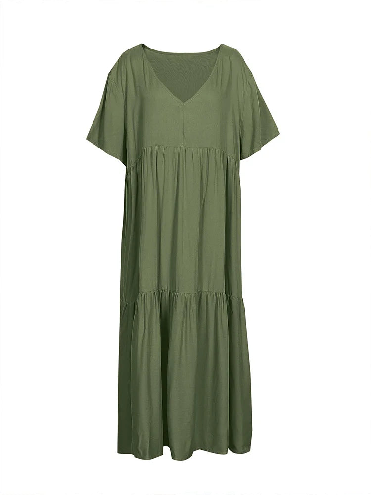 Plus Size Dress Women 2025 Summer V-Neck Short Sleeve Pleated Solid Color Casual Midi Dress Hem Loose Dress XL-5XL