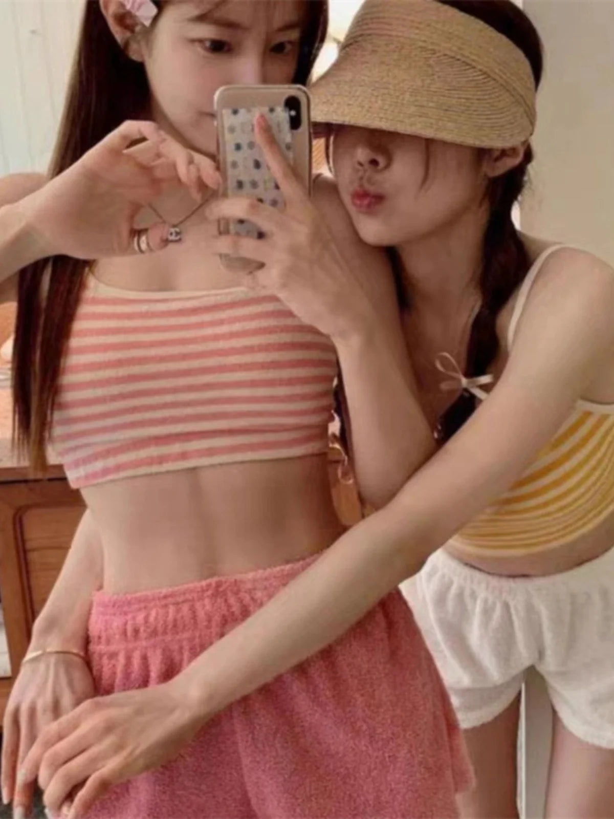 New Korean Sle Tee Piece Bikini Swimsuit Candy Colored Striped Student Thermal Vaion Separate Swimwear for Women