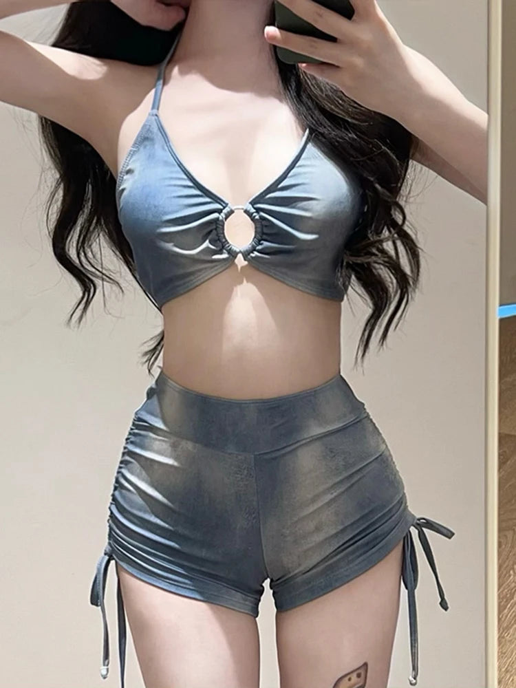 OIINAA Swimsuit Women Neck-mounted Print Hot Spring Swimwear High Waist Drawstring Bikini Set Cover-Ups Wrap Skirt Summer 2025