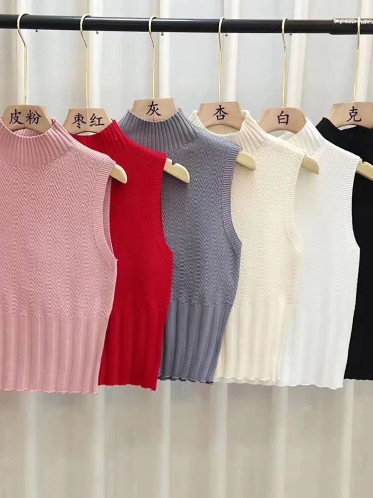 HELIAR Women Summer Casual Knitted Tank Tops Solid Sleeveless Half High Collar Slim Base Shirt Sexy Top Knitwear Y2k High Street