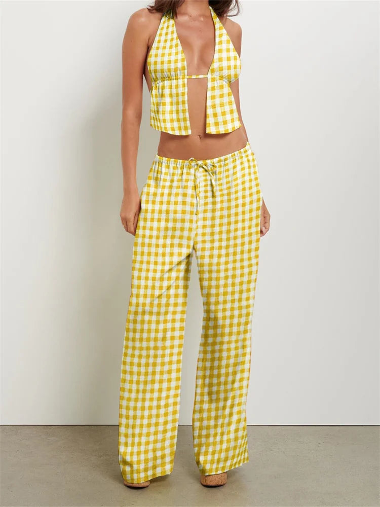 CHRONSTYLE Women Summer Pants Outfits Striped/Solid Halter Tie-Up Backless Tank Tops Wide-Leg Pants 2 Pieces Set Streetwear 2024