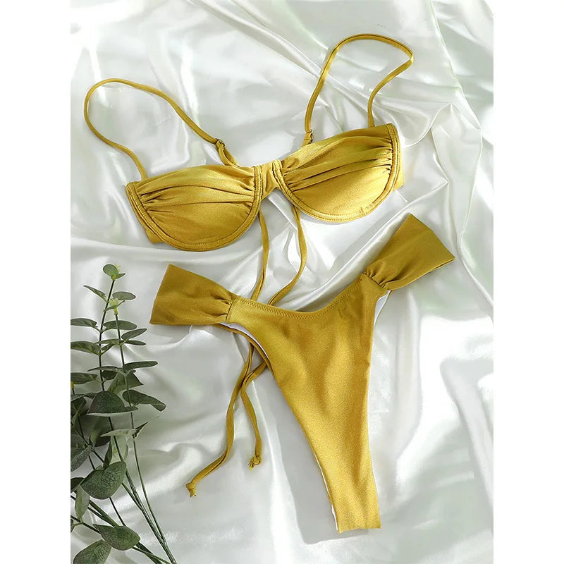 Rinabe Solid Bikinis Push Up Swimwear 2024 Women Swimsuit String Bikini Set Micro Thong Brazilian Biquini Summer Bathing Suits