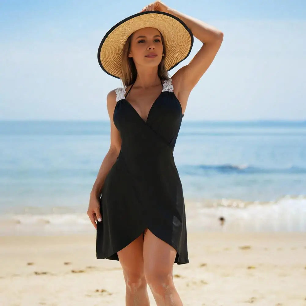 3Pcs/Set Summer Women Swimsuit 2025 Halter Lace-up Bra Swimming Briefs Set With Cover Up Dress Women's Bikini For Vacation