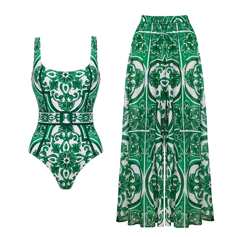2024 Vintage Pattern Printed One Piece Swimsuit Swimwear Bikini Set Women Beachwear Clearance Wholesale