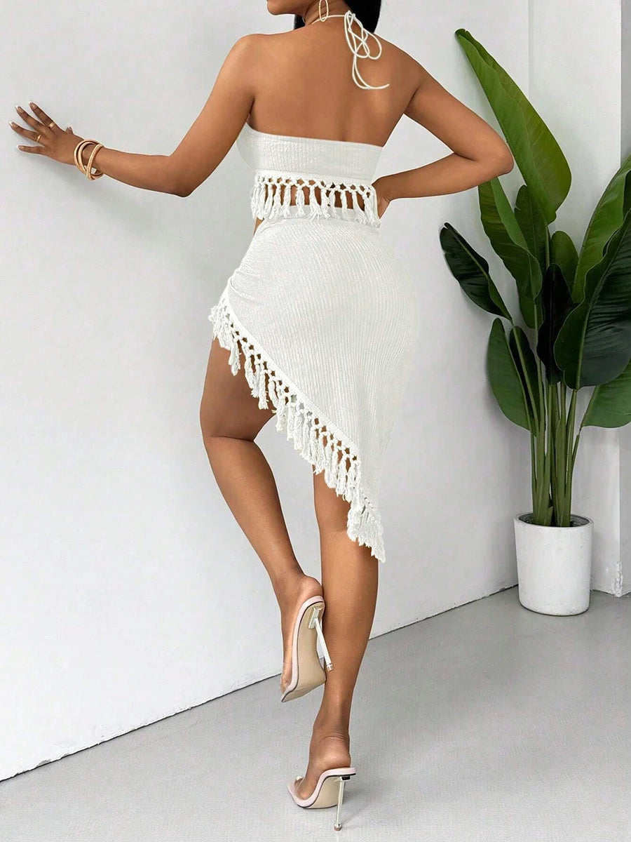 Sexy Tassels Bikini Women's Swimsuit 2025 2 Piece Swimwear Female Outfits Halter Top High Slit Skirt Set Beachwear Bathing Suits