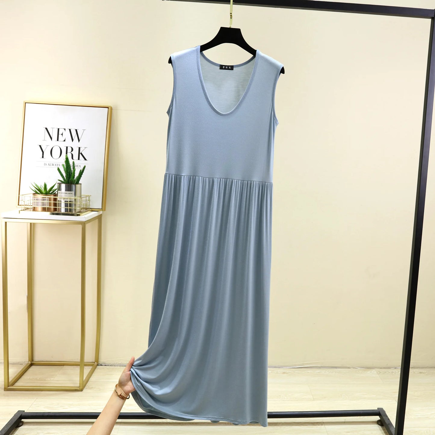 Plus size L to 6XL Women's dress Modal Sleeveless tank dress Pleated sleepdress Mid-Length waist-slimming dresses Loose homewear