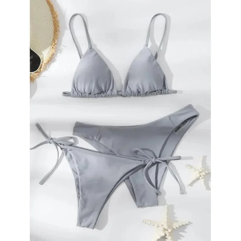 OIINAA Swimwear Women Sexy Solid Swimsuit Drawstring Bow Tie Bikini Set Three-pieces Beachwear Summer Thong Bather Bathing Suit