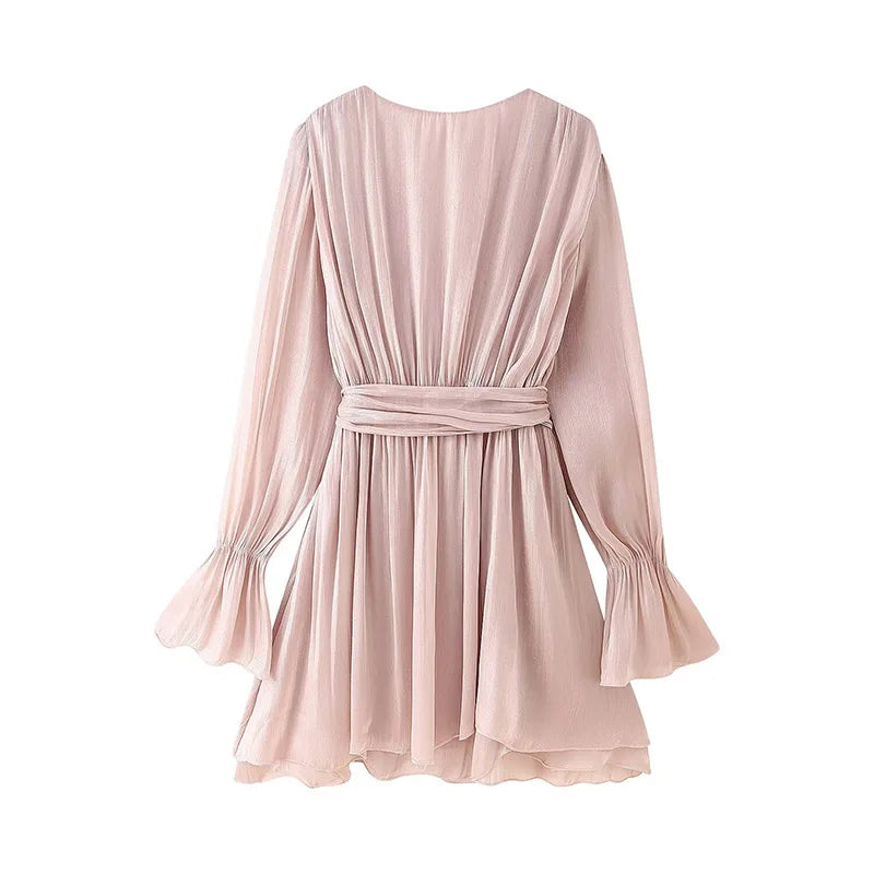 All Seasons Solid Color V-Neck Flared Long-sleeved Dress Women Bow Sashes A-line Midi Dress Female Casual Elegant Wear 2025 new