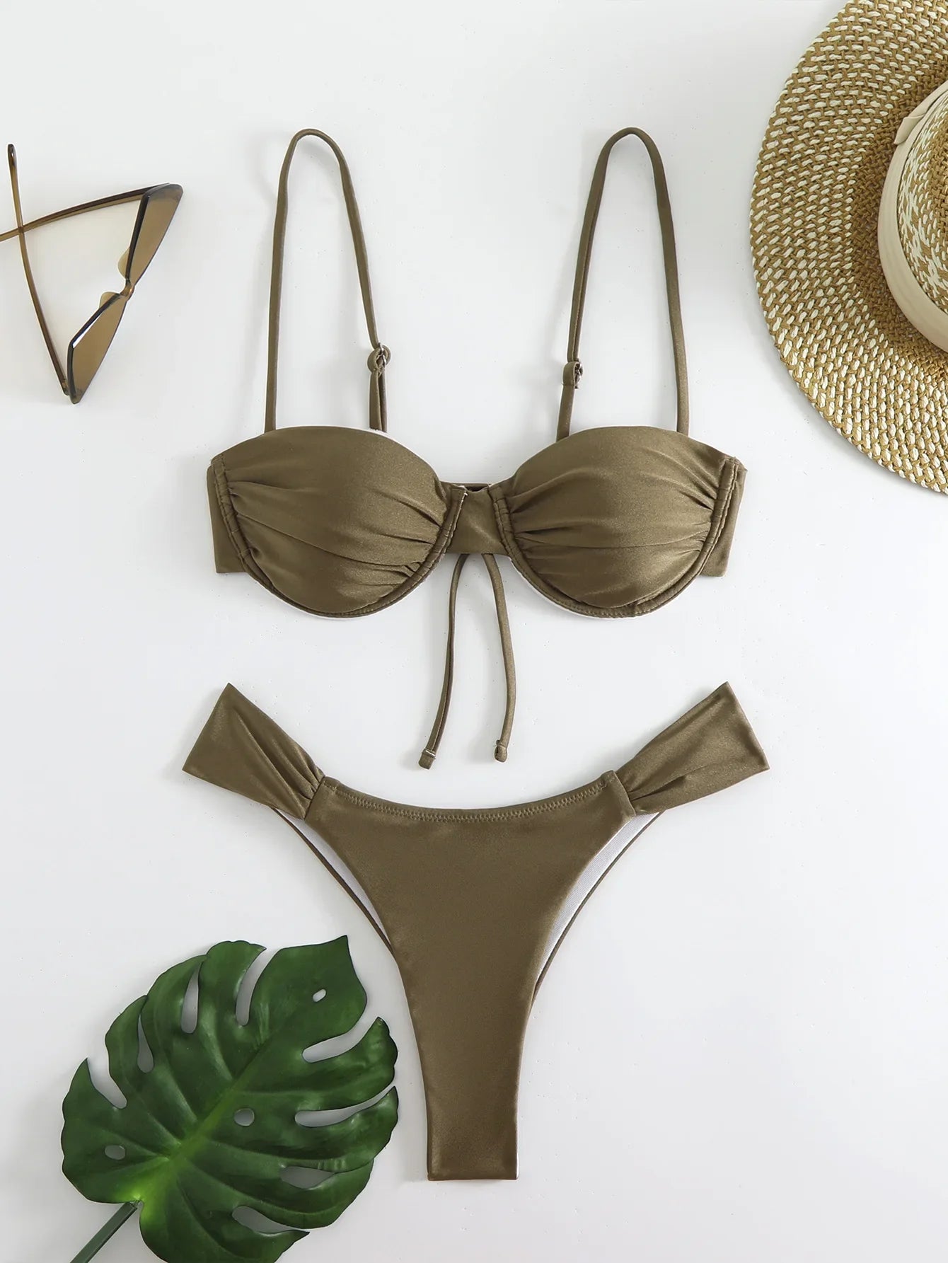 Sexy Bikini Set Women Bathing Suit Solid Pleated Lace Up Thong Split Micro Bikini Summer 2025 New Beach Wear Two Pieces Swimwear