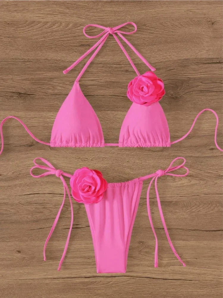 Sexy Bikini Set Women Swimsuit 2024 Black White 3D Floral Print Micro Bikinis Brazilian Cutout Beach Bathing Suit Thong Swimwear