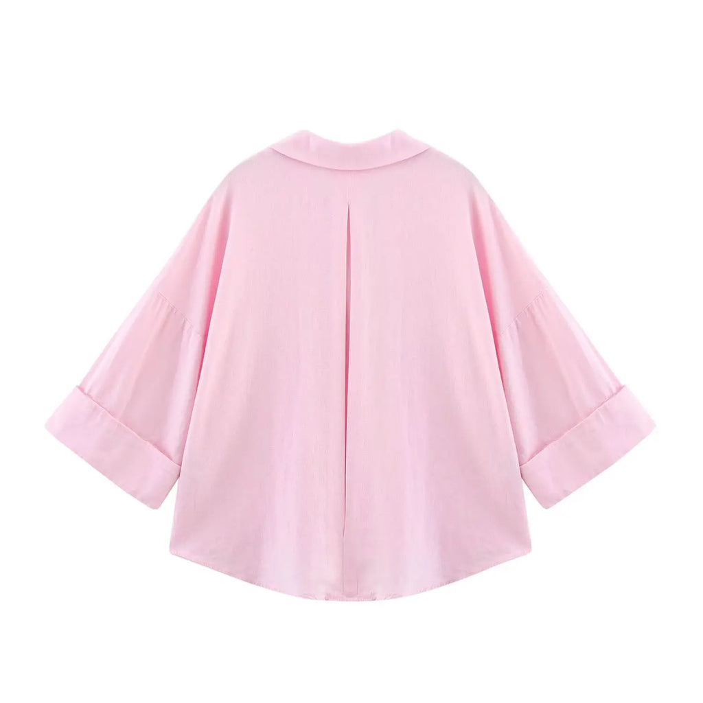 PB&ZA Summer New Women's Commuter Versatile Linen Blended Wide Sleeve Lapel Casual Striped Shirt