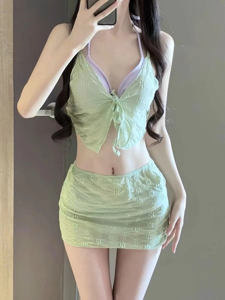 New 2025 Women's Bikini Swimsuit Four-Piece Set Separate Swimmingwear Fre Sle Student Girl's Beachwear with Chest Pad