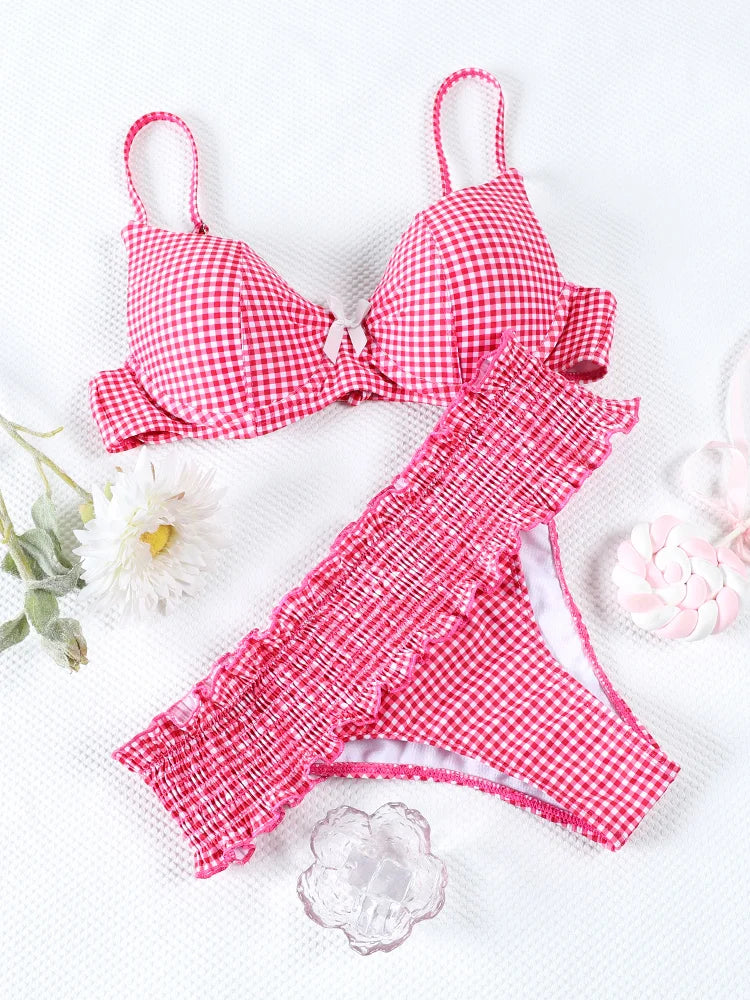 Bowknot Ruffle Bikinis Thongs Plaid Women's Swimsuit 2025 Red Lattice Swimwear Bathing Suits Biquini Summer Beachwear Swimsuit