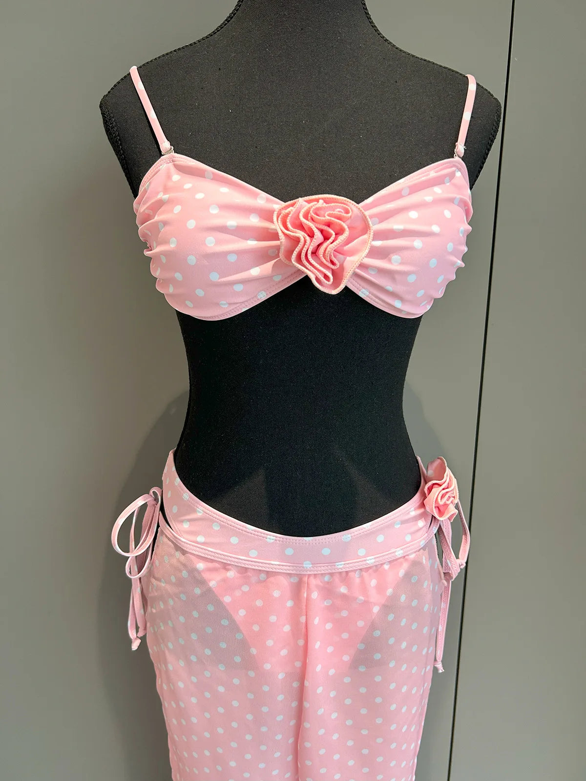 3 Pieces Bikini Set Swimsuit Vintage Pink Swimwear Women Swimsuit Bathing Suit Beachwear Polka Dots Female Swimming Suits