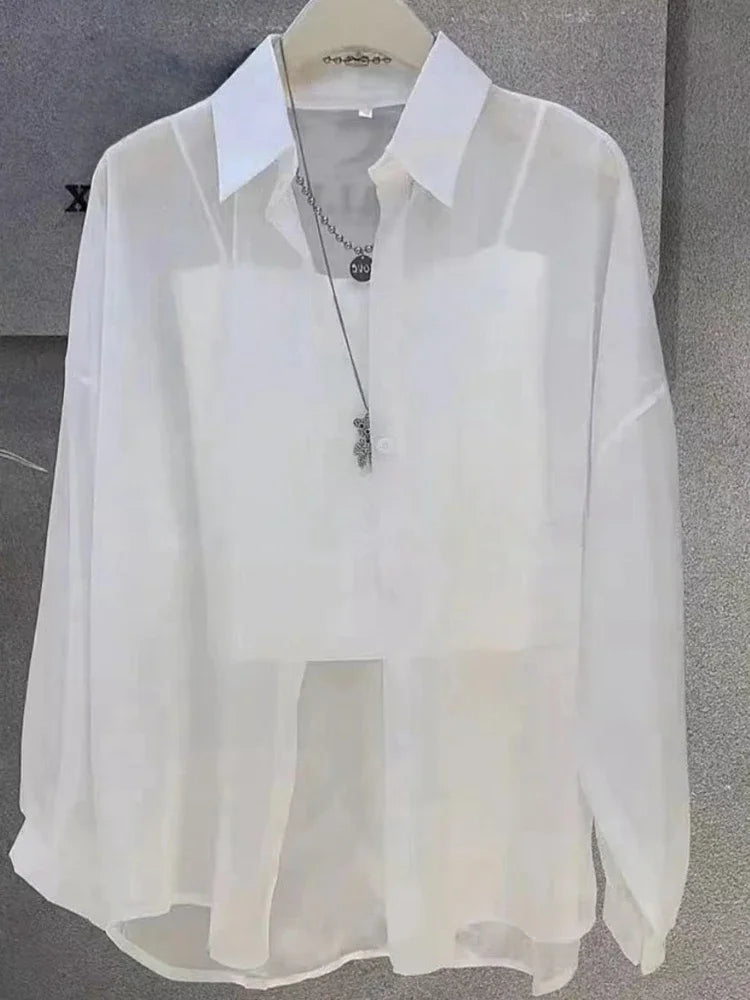 Plus Size Women’s Shirts Summer Breathable and Sun-Proof Ice Silk with Button Thin Loose Sheer Chiffon Blouses Long Sleeve