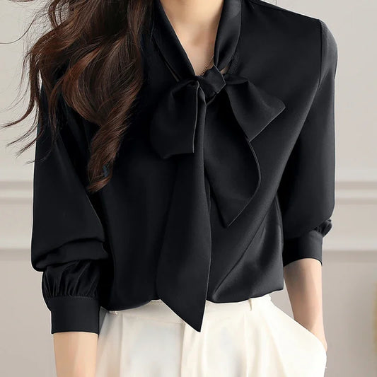 Women Elegant Solid Chiffon Shirts For Women Long Sleeve All-match Bow Blouses Vintage Basic Tops Femme Fashion New