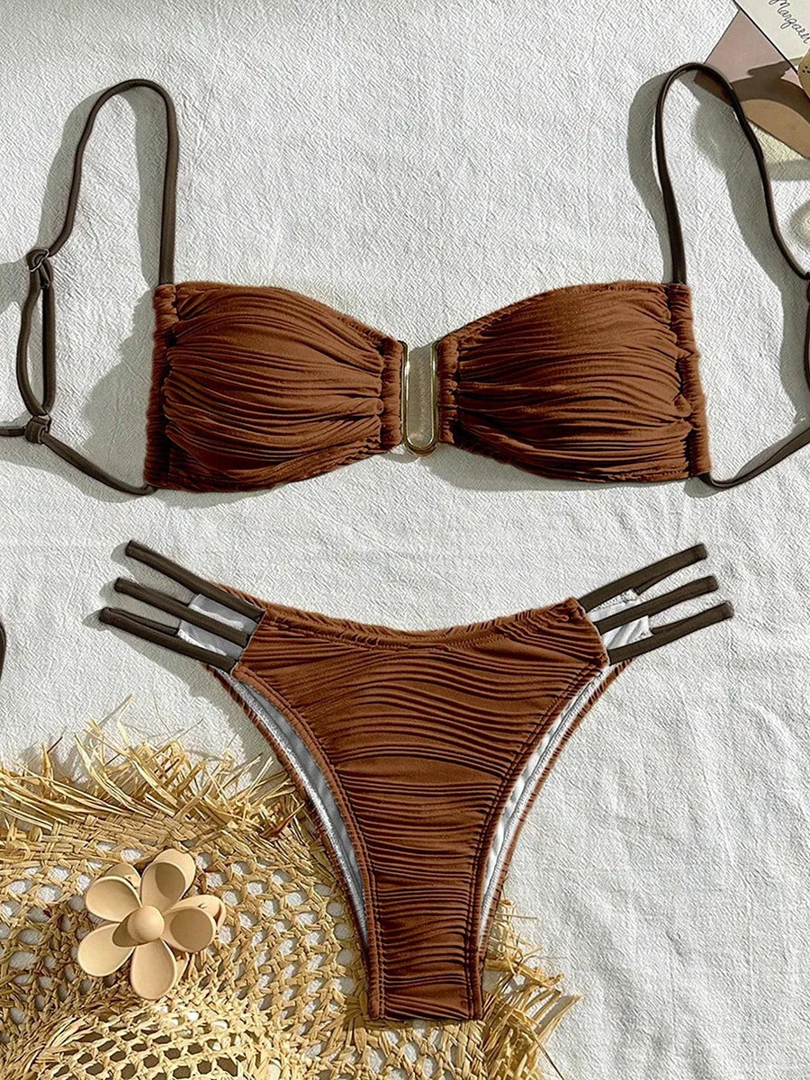 XS - L Wrinkled U Rings Bandeau Bikini Women Swimwear Female Swimsuit Two-pieces Bikini Set Bather Bathing Suit Swim Beachwear