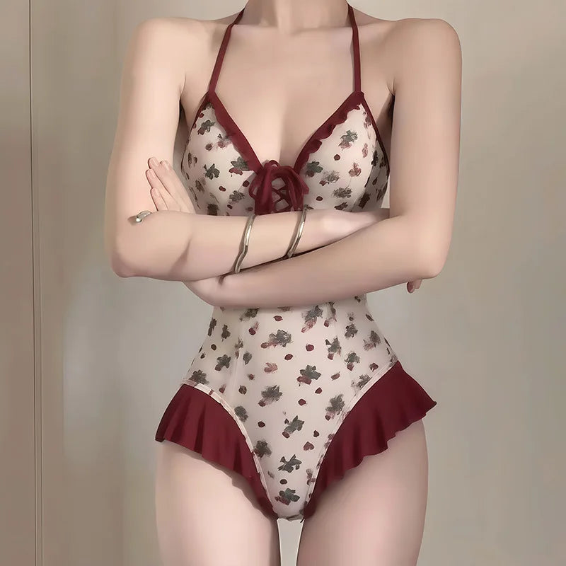 French Swimsuit Women's Bikini Beach Vacation Strawberry Print One-piece Sexy Backless Hot Spring Slim Suit Swimsuit Women