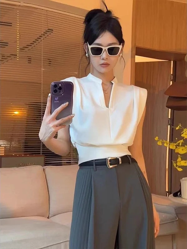 Camisas De Mujer Women Blouses V-neck Sleeveless Shirts Temperament Solid Color Crop Tops Summer Vintage All Match Blouse