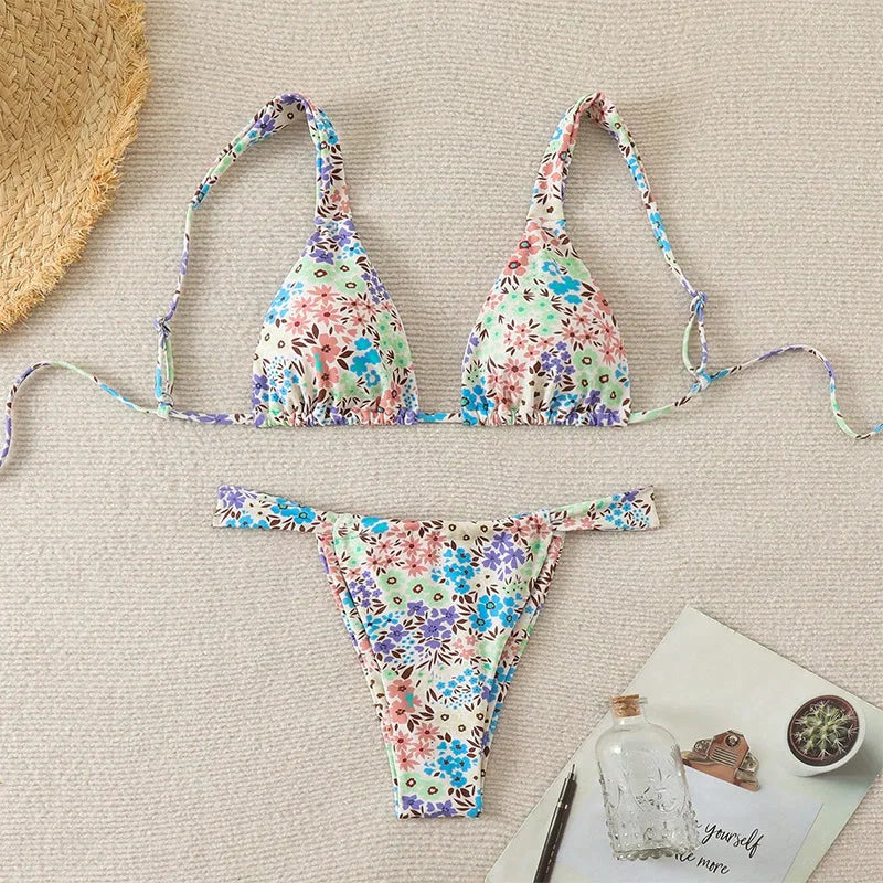 Sexy Pink Floral Print Bikini Set 2025 Women Halter Push Up Bra Pleate Thong Swimsuit Summer Bathing Suit Triangle Swimwear