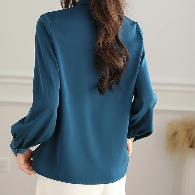 Women Elegant Solid Chiffon Shirts For Women Long Sleeve All-match Bow Blouses Vintage Basic Tops Femme Fashion New