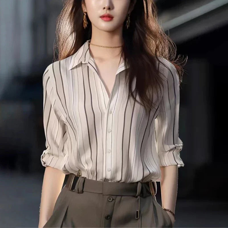 Stripe Women Shirt Vintage Blouse 2024 Fashion Spring Autumn Womens Tops Casual Female Clothing Loose Elegant Shirts for Women