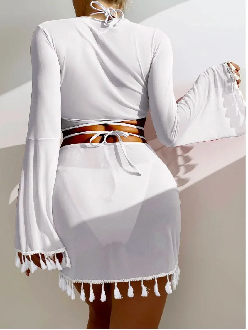 Swimming Suit Women Beach Wear Solid Beach Suit Tassel Cover Up Mesh Short Skirt Bikini Cute Swimming Pool Outfit Spring Summer