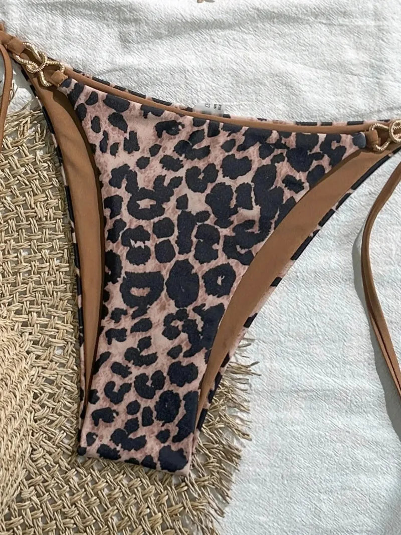 2025 New Arrival European and American Leopard Print Halter Bikini Set for Women, Sexy Swimsuit