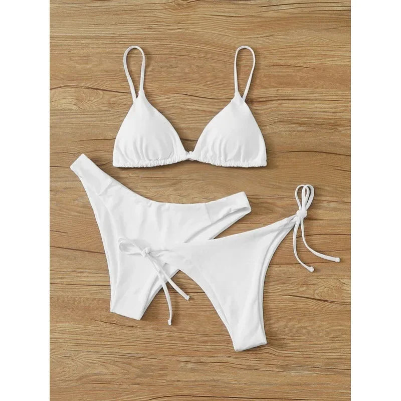 OIINAA Swimwear Women Sexy Solid Swimsuit Drawstring Bow Tie Bikini Set Three-pieces Beachwear Summer Thong Bather Bathing Suit