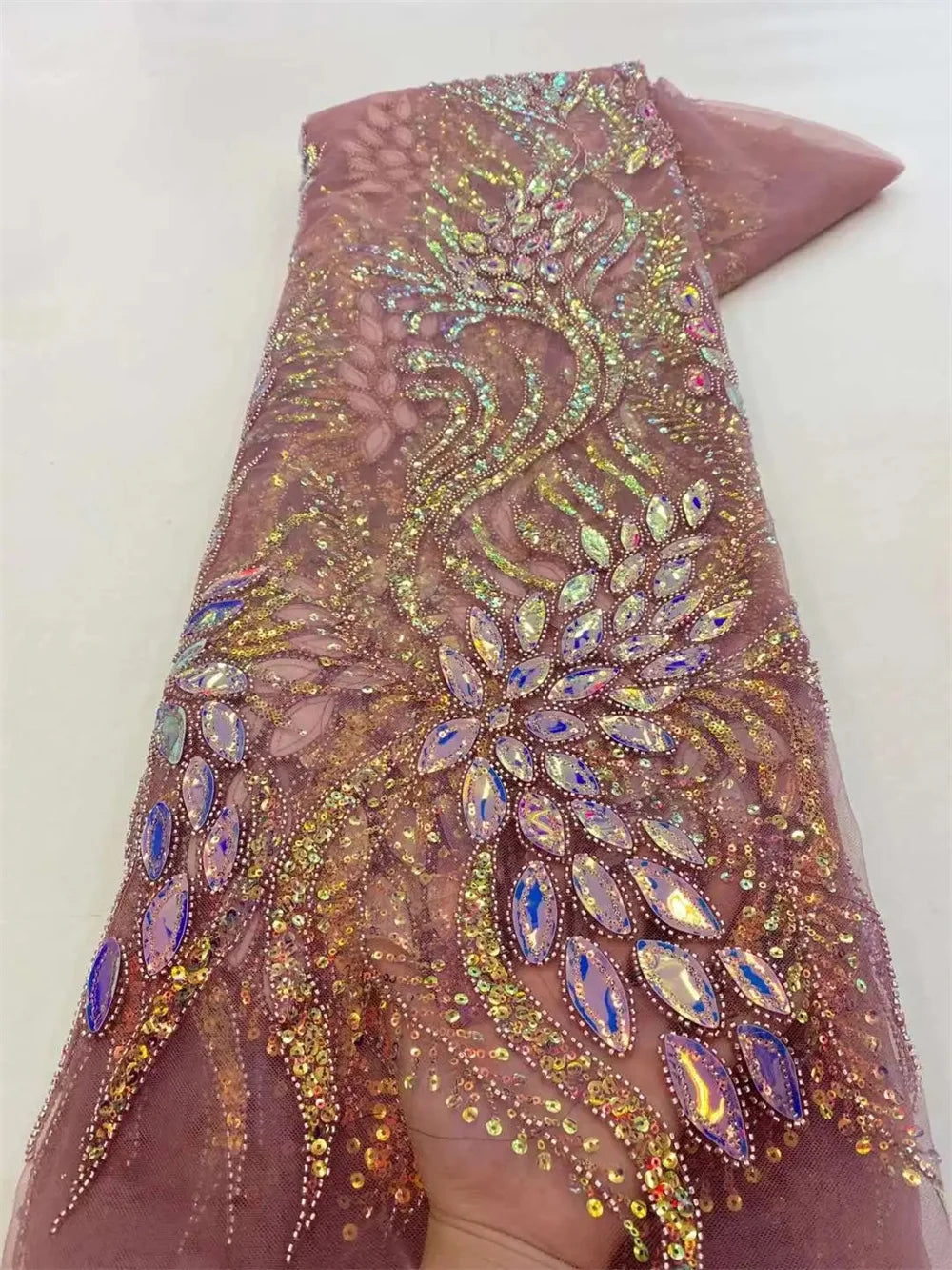 African Heavy Beaded Lace Fabric 2025 - Nigerian French Tulle - XY06, 5 Yards