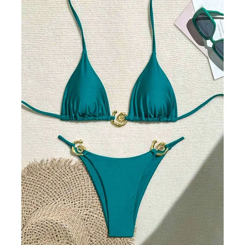 Metal Micro Bikini Swimwear Women Sexy Lace Up Triangle Halter High Cut Thong Bikini Set 2025 New Beach Bathing Suit 2 Piece Set