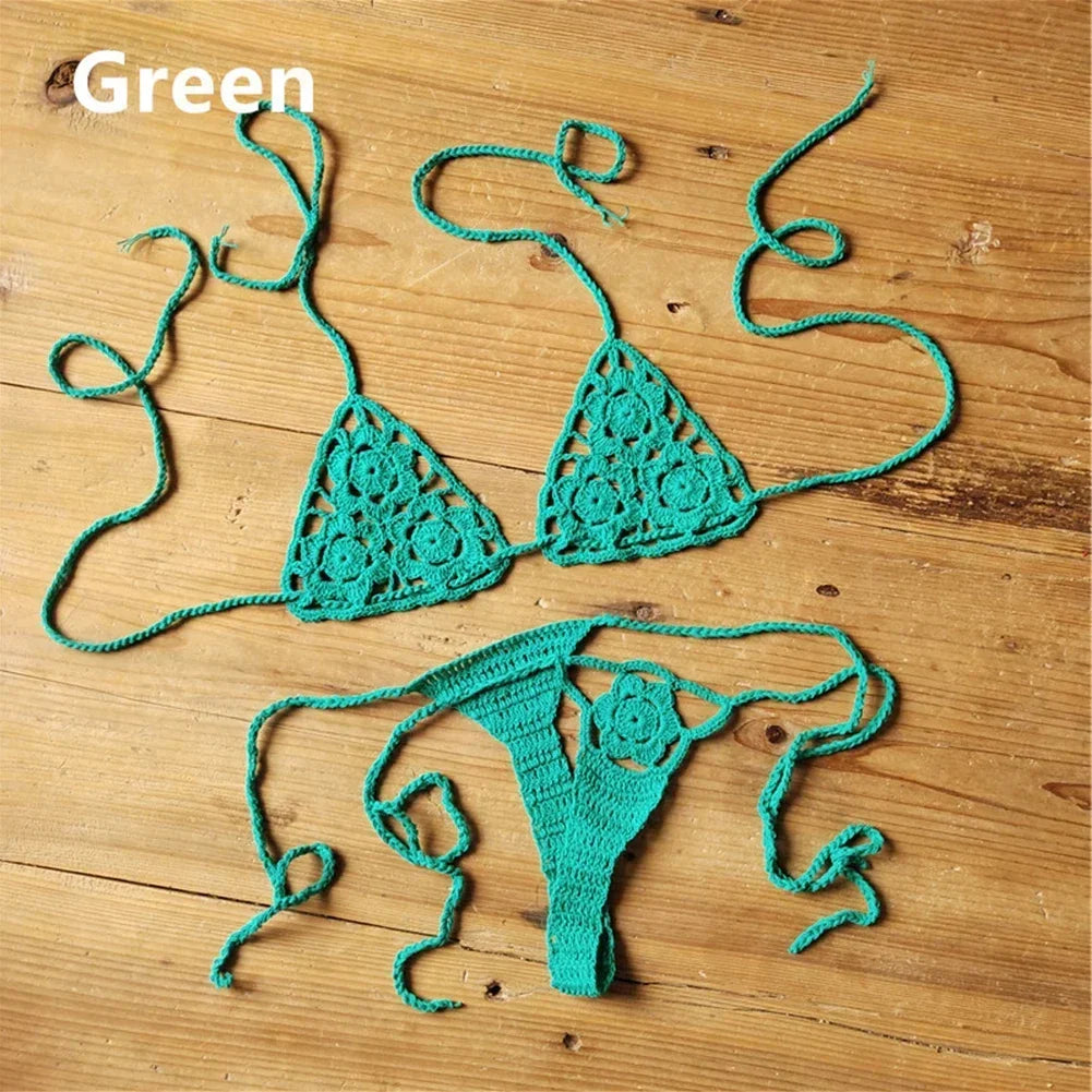 Crochet Bikini Set G-String Lace Up Thong Beach Swimwear Sexy Swimsuit Bra Set For Summer Swimming Party Holiday